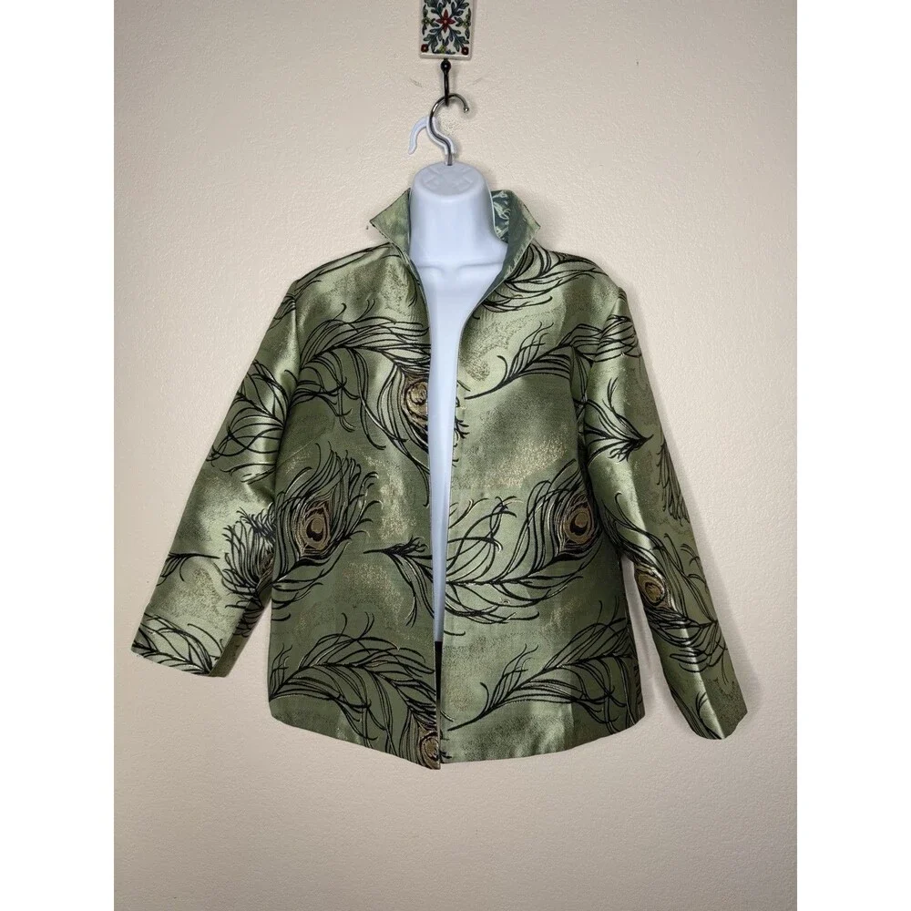 Grace Chuang New York Feather Print Open Jacket Sz S Multicolor Reversible Green - Picture 3 of 16